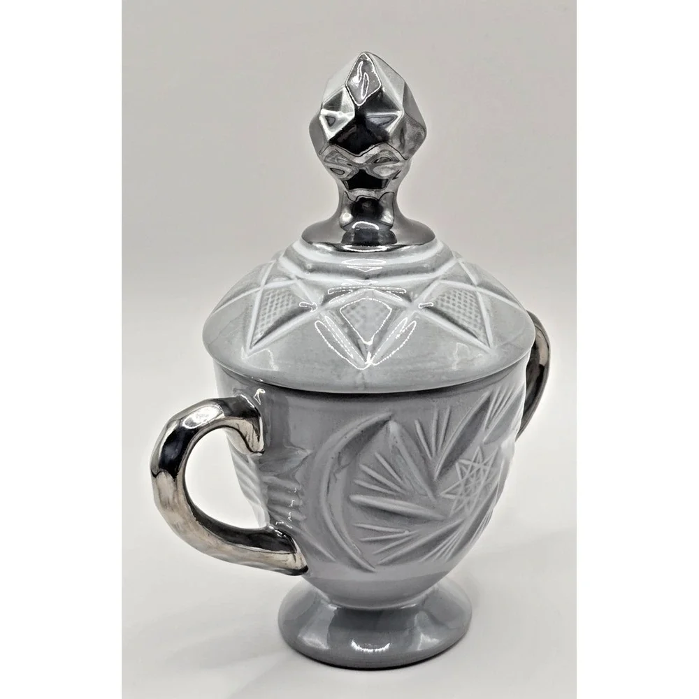 anthropologie sugar bowl gray ceramic urn‎ art deco style silver handles